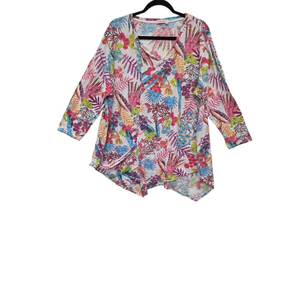 FRESH PRODUCE Top Floral Asymmetric Sharkbite Hem Tunic Multicolor Women's 2XL